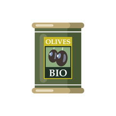 Olives. Canned. Tinned goods product stuff, preserved food, supplied in a sealed can. Isolated