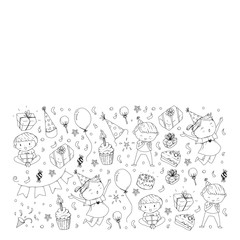 Obraz premium Happy boys and girls. Little kindergarten preschool children. Birthday party celebration. Icons for banners, posters, invitation.