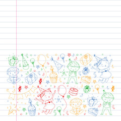 Happy boys and girls. Little kindergarten preschool children. Birthday party celebration. Icons for banners, posters, invitation.