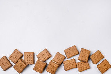 Delicious Chocolate Chip Cookies Background Tasty Dessert for Coffee or Tea Top View Flat Lay Copy Space