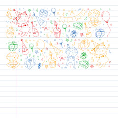 Happy boys and girls. Little kindergarten preschool children. Birthday party celebration. Icons for banners, posters, invitation.