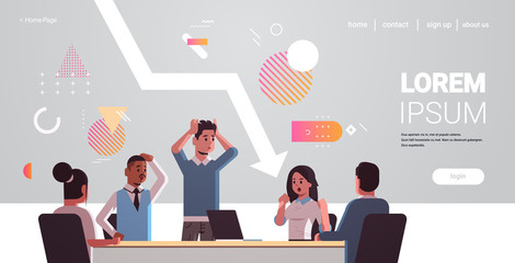 businesspeople team frustrated about economic arrow fall down financial crisis bankrupt investment risk concept mix race stressed employees sitting at round table horizontal portrait copy space vector