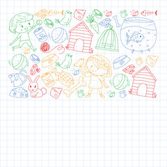 Pet shop. Vector illustration with animals, dog, cat, fish, Colorful background with kitten, bird, puppy. Veterinarian clinic.