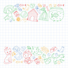 Pet shop. Vector illustration with animals, dog, cat, fish, Colorful background with kitten, bird, puppy. Veterinarian clinic.