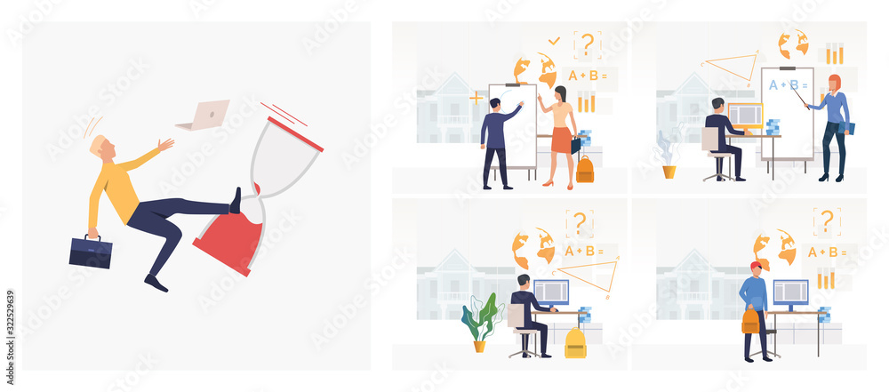 Aufkleber set of students drawing circle on flipchart, using computer. flat vector illustrations of learning, 