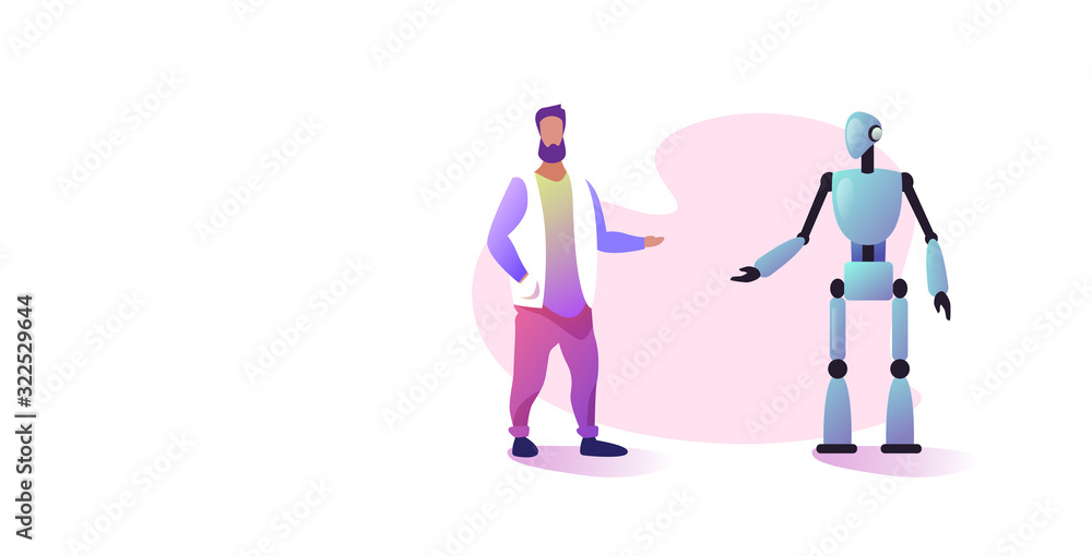 Poster man with robotic character discussing during meeting artificial intelligence technology concept huma