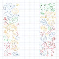 Pet shop. Vector illustration with animals, dog, cat, fish, Colorful background with kitten, bird, puppy. Veterinarian clinic.