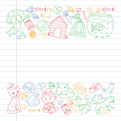 Fototapeta premium Pet shop. Vector illustration with animals, dog, cat, fish, Colorful background with kitten, bird, puppy. Veterinarian clinic.