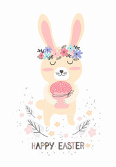Cute Bunny with an Easter cake. Greeting card or banner in Scandinavian hand drawn style. Funny little cartoon rabbit. Happy Easter. Flat vector illustration. Holiday decoration for Kids and babies.