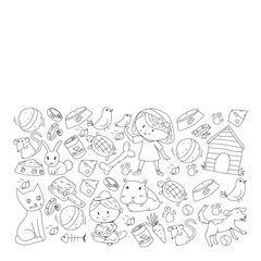 Pet shop. Vector illustration with animals, dog, cat, fish, Colorful background with kitten, bird, puppy. Veterinarian clinic.