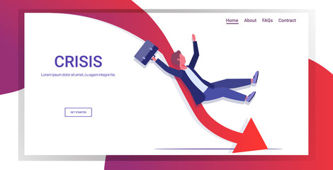 businessman sliding down falling economic arrow financial crisis bankrupt investment risk business failure concept full length horizontal copy space vector illustration © mast3r
