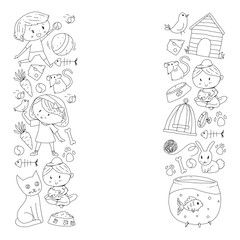 Pet shop. Vector illustration with animals, dog, cat, fish, Colorful background with kitten, bird, puppy. Veterinarian clinic.