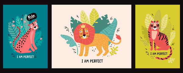 Set greeting cards or banners with cute leopard, tiger and lion in the jungle and with text I am perfect. Animals Taiwan. Funny animal in tropical leaves. Wild exotic cat cartoon character. Hand drawn