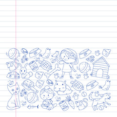 Pet shop. Vector illustration with animals, dog, cat, fish, Colorful background with kitten, bird, puppy. Veterinarian clinic.