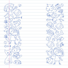 Pet shop. Vector illustration with animals, dog, cat, fish, Colorful background with kitten, bird, puppy. Veterinarian clinic.