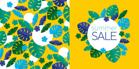 Green tropical leaves summer sale banner on yellow.