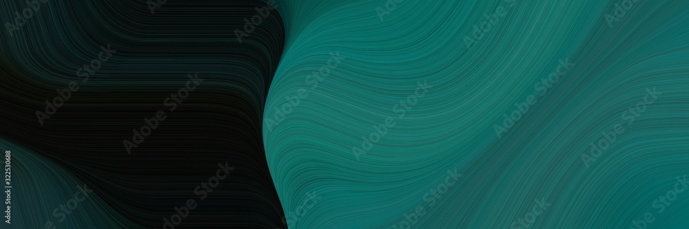Poster modern header design with teal green, black and very dark blue colors. dynamic curved lines with fluid flowing waves and curves