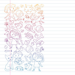 Pet shop. Vector illustration with animals, dog, cat, fish, Colorful background with kitten, bird, puppy. Veterinarian clinic.