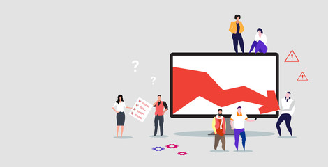 stressed businesspeople stopping economic arrow falling down financial crisis bankrupt investment risk concept business people frustrated about downward graph full length horizontal vector