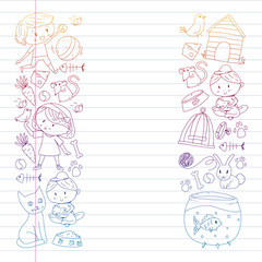 Pet shop. Vector illustration with animals, dog, cat, fish, Colorful background with kitten, bird, puppy. Veterinarian clinic.