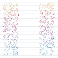 Pet shop. Vector illustration with animals, dog, cat, fish, Colorful background with kitten, bird, puppy. Veterinarian clinic.