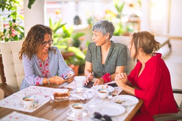 Meeting of middle age women having lunch and drinking coffee. Mature friends smiling happy using smartphone at home on a sunny day