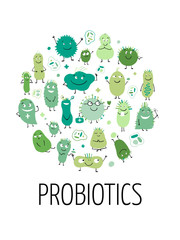 Funny and scary bacteria characters isolated on white. Vector icons of gut and intestinal flora, germs, virus.