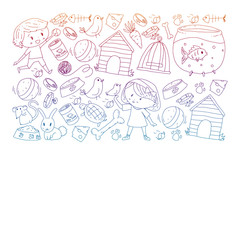 Pet shop. Vector illustration with animals, dog, cat, fish, Colorful background with kitten, bird, puppy. Veterinarian clinic.