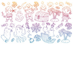 Fototapeta na wymiar Pirate party. Illustrations for little children. Kids birthday celebration with treasure island, octopus, pirates