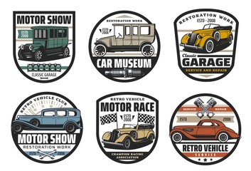 Retro car and vehicle spare part vector badges of auto service, motor race, mechanic garage and vintage automobile museum. Cars with engine pistons, wrench and spanner, spark plug and racing flags