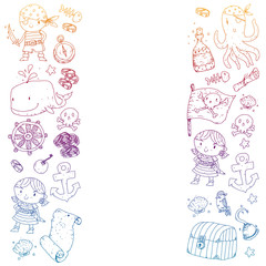 Pirate party. Illustrations for little children. Kids birthday celebration with treasure island, octopus, pirates