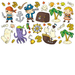 Pirate party. Illustrations for little children. Kids birthday celebration with treasure island, octopus, pirates
