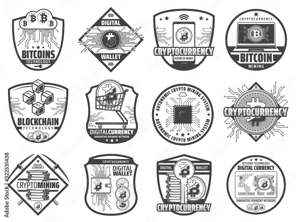 Poster cryptocurrency vector badges with bitcoins, crypto currency coins and blockchain, digital wallet, mi