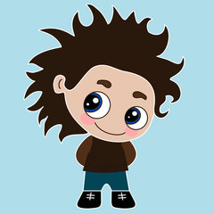 Emoticon with a modest and shy boy who stands with his head bowed, smiles and holds his hands behind his back, vector color emoji on isolated background