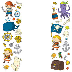 Pirate party. Illustrations for little children. Kids birthday celebration with treasure island, octopus, pirates