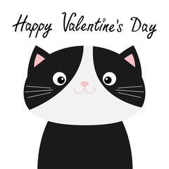 Happy Valentines Day. Black and white cat head face body. Funny Kawaii smiling baby animal. Cute cartoon funny character. Pet collection. Flat design. Kids background. Isolated.