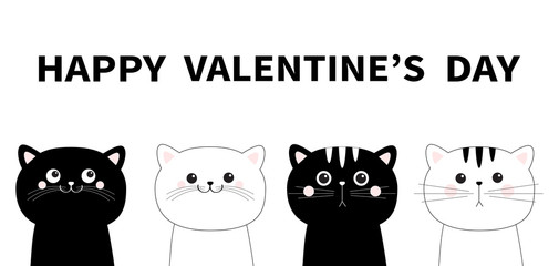 Happy Valentines Day. Black white cat head face line contour silhouette icon set. Funny kawaii smiling sad doodle pet animal. Cute cartoon funny character. Flat design Baby background.
