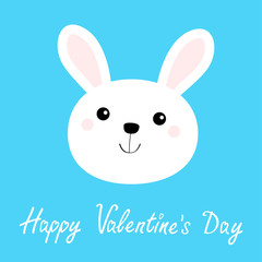 White bunny rabbit hare face head round icon. Happy Valentines Day. Cute kawaii cartoon funny character. Baby greeting card. Blue background. Flat design.