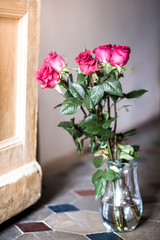 Welcome spring. Dark pink red Valentine roses on rustic country house door and tiled floor corridor background.