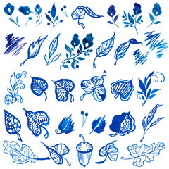 Large set with blue decorative twigs and leaves on a white isolated background. Watercolor plants, leaves, spirals, drawn by hand. Bright details for postcards.