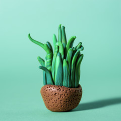 Handmade plasticine green cactuses and succulents in a pots.