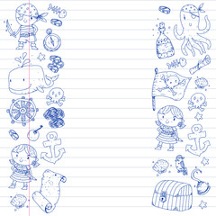 Pirate party. Illustrations for little children. Kids birthday celebration with treasure island, octopus, pirates