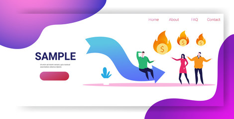 stressful businesspeople frustrated about flaming dollar symbol falling down economic arrow financial crisis bankrupt investment failure risk concept full length horizontal copy space vector