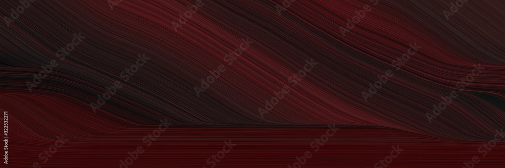 Poster moving designed horizontal header with very dark pink, dark red and black colors. dynamic curved lines with fluid flowing waves and curves