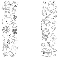 Pirate party. Illustrations for little children. Kids birthday celebration with treasure island, octopus, pirates