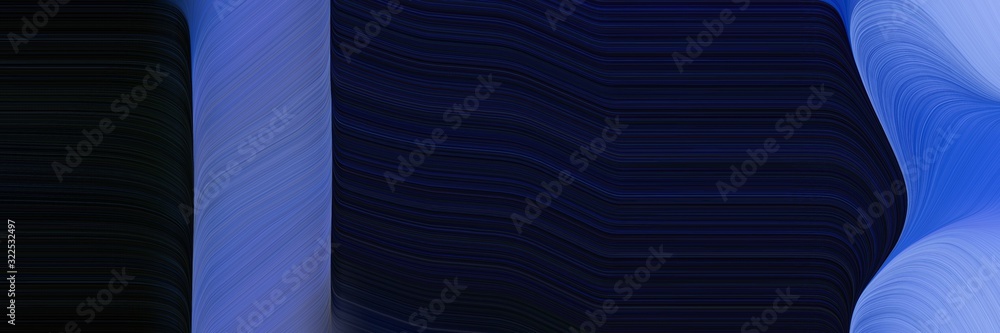 Poster surreal designed horizontal header with steel blue, black and midnight blue colors. dynamic curved lines with fluid flowing waves and curves