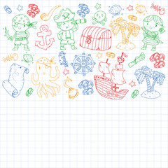 Pirate party. Illustrations for little children. Kids birthday celebration with treasure island, octopus, pirates