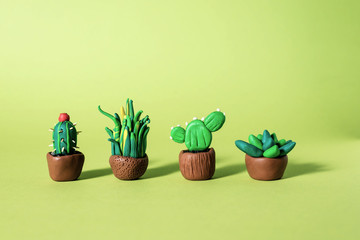 Handmade plasticine green cactuses and succulents in a pots.