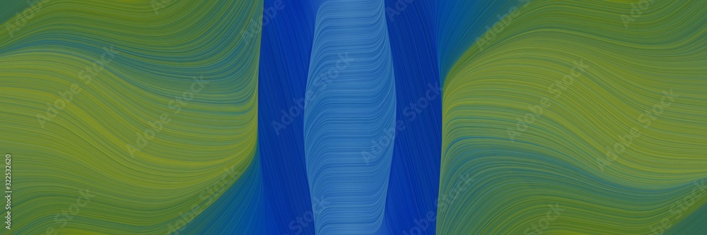 Poster modern horizontal header with dark olive green, strong blue and teal green colors. dynamic curved lines with fluid flowing waves and curves