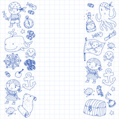 Pirate party. Illustrations for little children. Kids birthday celebration with treasure island, octopus, pirates